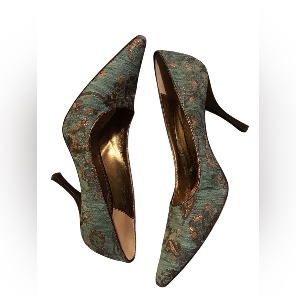 BCBGMaxAzria Teal and Gold Heels